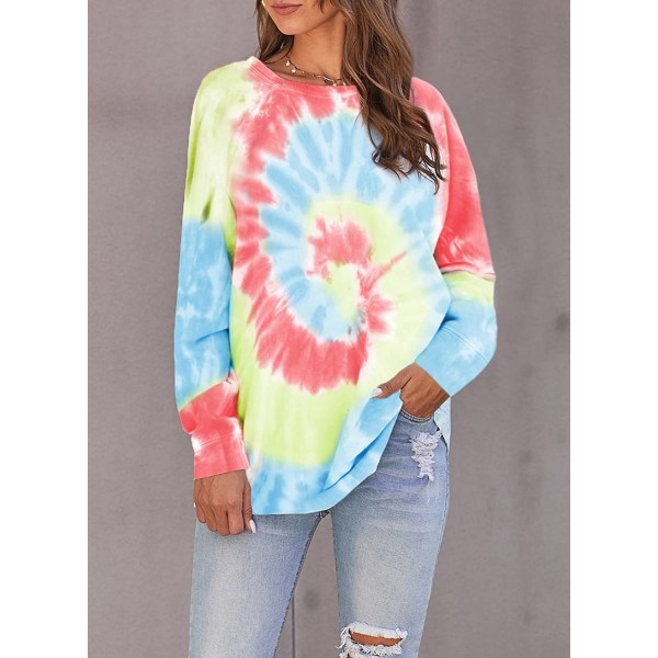 Kvinnors Casual Color Block Tie Dye Crewneck Långärmad Lös Pu