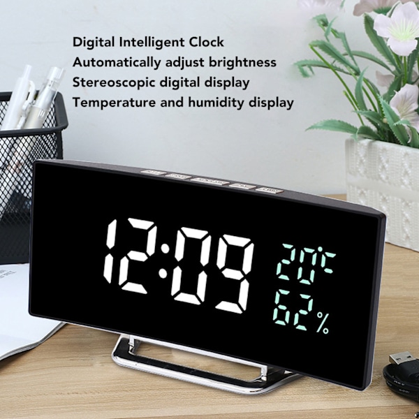 LED Spegel Väckarklocka Böjd Skärm 12 24 Timmar Temperatur Luftfuktighet Visning Snooze Läge Elektrisk Väckarklocka