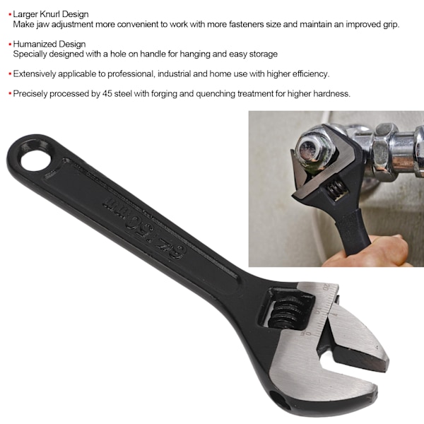 Säädettävä avain 45 terästä, suurempi karhennus, ripustusreikä, ammattilaisille, kotiin ja teollisuudelle, 6 tuumaa/150 mm
