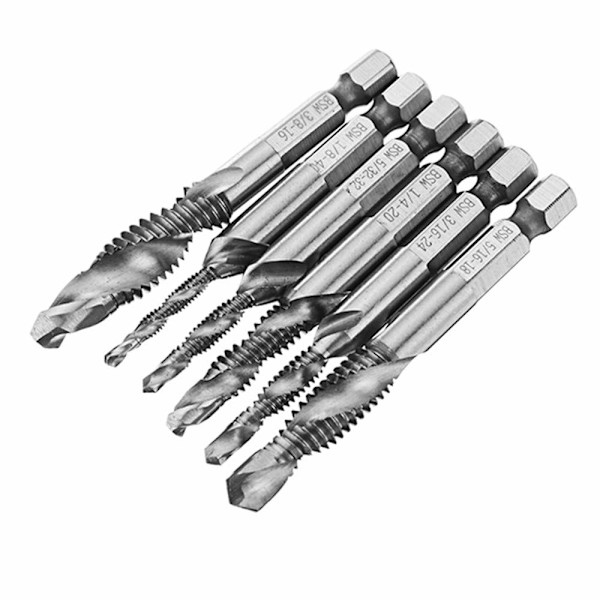 6-pack Tapborrset 1/4 tum Skaft 1/8 tum 5/32 tum 3/16 tum 1/4 tum 5/16 tum 3/8 tum Stål Mångsidig Användning Tapborrverktyg för Borrning