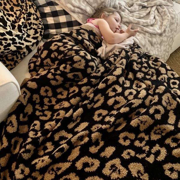 Halv fløyelsullteppe strikket leopardmønstret teppe for barn fleecefôret strikket teppe barfot leopardmønstret teppe drømmeteppe