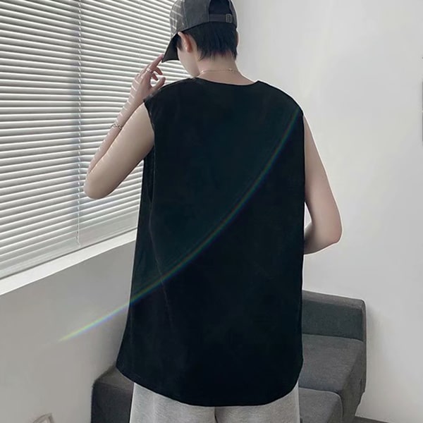 Mænd Tanktop Smuk Print Ærmeløs Løstsiddende Vest Skåret Skjorte til Hjemmetræning Sort XL