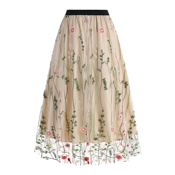 Blommig broderad kjol för kvinnor, elastisk midja, elegant spets, kjol i flera lager av tyll för fester, Aprikos XL