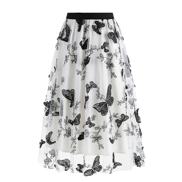 Dam Tulle Tryck Flödande Kjol Mode Tryck Tulle Elastisk Midja Broderad Stilren Midi Kjol Vit XXL
