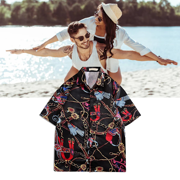 Skjorte Korte Ærmer Knapper Pæn Print Behagelig Løstsiddende Polyester Bluser til Mænd Kvinder Sort XL