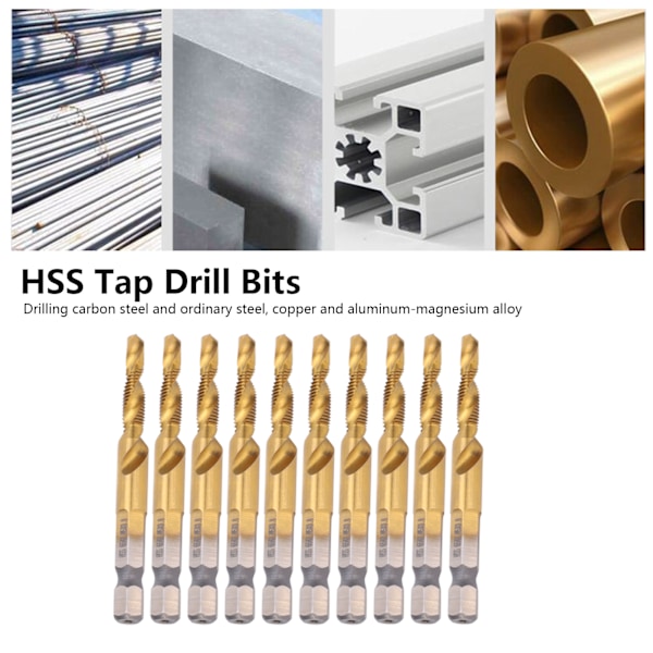 10 stk. Tap-bor Bits HSS 6,1 Hex Kvadrat Skaft Ti-belagt Komposit M5 Hardware Håndværktøj