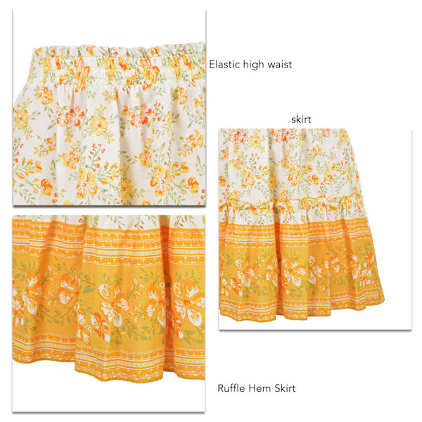 Kvinners Ruffled Hem Skjørt Blomstertrykt Elastisk Etnisk Kort Skjørt For Sommer Vår Høst Gul XL