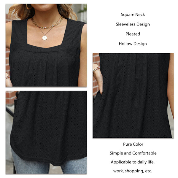 Tanktopp for kvinner, ermeløs skjorte, løs passform, firkantet hals, komfortabel for date, reise, svart, S