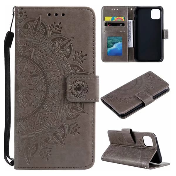 Til iPhone 11 - Wallet Case Mandala - Grå Solsikke Totem Telefon Cover