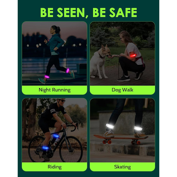 Uppladdningsbart LED Armband 2-pack, Hög Synlighet Reflexutrustning för Nattsäkerhet, Lysande Armband för Nattpromenader, Cykling, Löpargåva