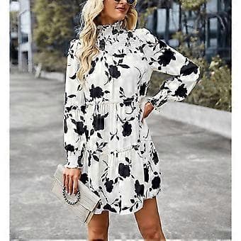 Dam Långärmad Klänning Elastisk Rynkad Klänning Blommig Tryck Volang Mock Neck Midi Klänning