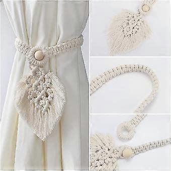 2 stykker Boho gardinholder, blade bomuldsgardinholder, beige bomuldsreb-bindebånd