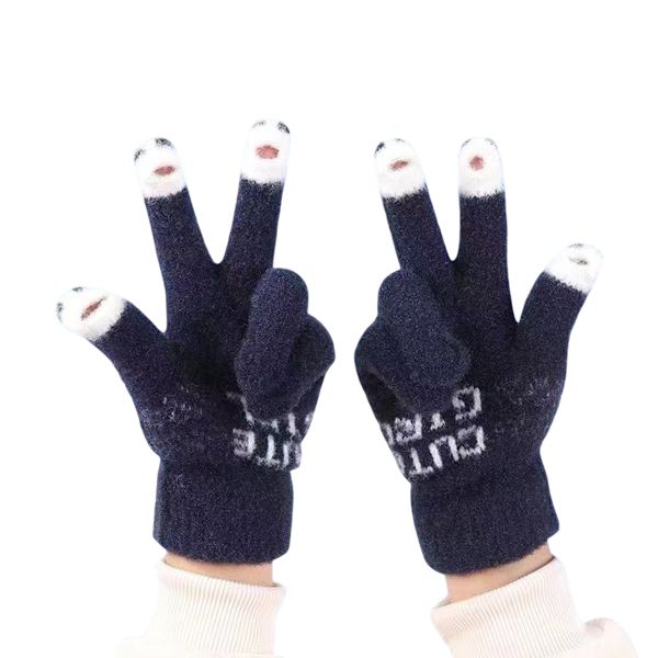 Søde Uldstrikkede Handsker, Moderne Varme Damehandsker, Uld Touchscreen-Handsker Navy blue