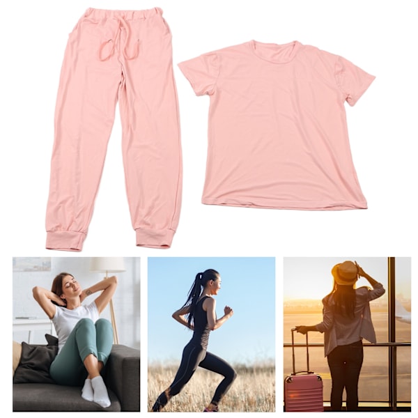 Dam 2-delat Set Kortärmad Skjorta Dragsko Långbyxor Enfärgad Casual Fritidsset Rosa M