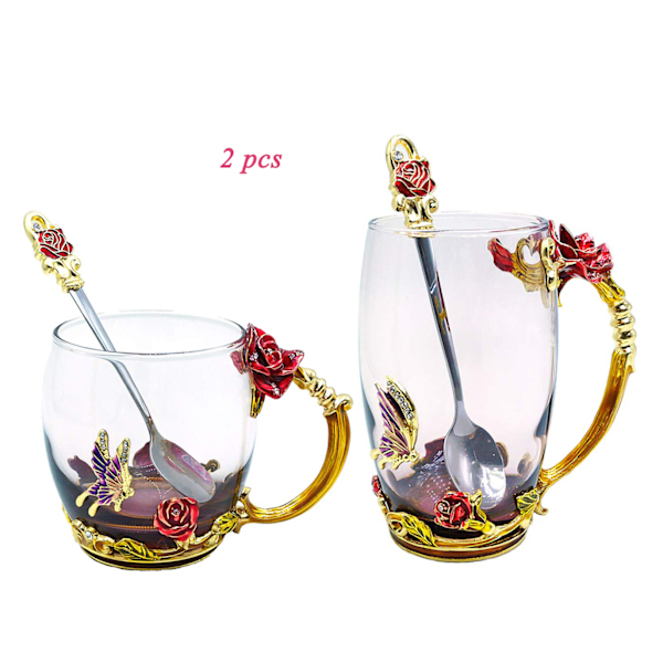 2 stk glas tekop, blyfri håndlavet emalje sommerfugl og blå rose blomster te krus med håndtag, unikke personlige fødselsdagsgave ideer til kvinder