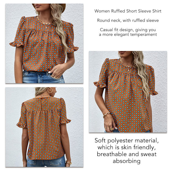 Kvinners Ruffled Korte Ermer Skjorte Blomst Trykt Rund Hals Blouse for Fest Shopping Fritid Reise Utendørs Brun L