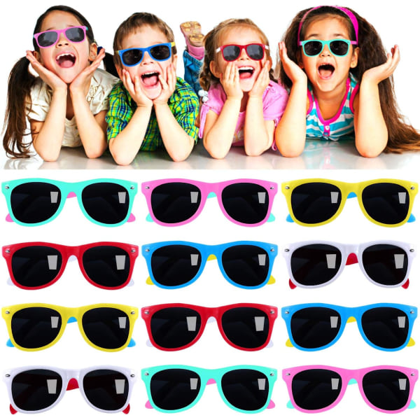 Børnesolbriller Party Favors i bulk, 12Pack Neon Solbriller til børn, drenge og piger, Summer Beach, Pool Party Favors, Sjove gaver, Festlegetøj, Goody