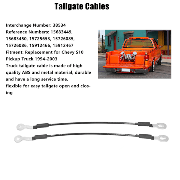 2 kpl Takaluukun kaapelit 38534 Auton ulkovarusteet Vaihto Chevy S10 Pickup Truck 1994‑2003