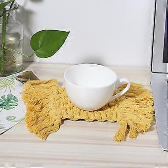 Elegant Anti-Skli Rektangulær Koppematte i Bomullstråd, Bordbrikke, Kaffematte med Duskeldekor (Gul Rektangulær)