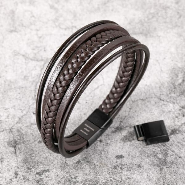 Herre ægte læderarmbånd og multiarmbånd i rustfrit stål