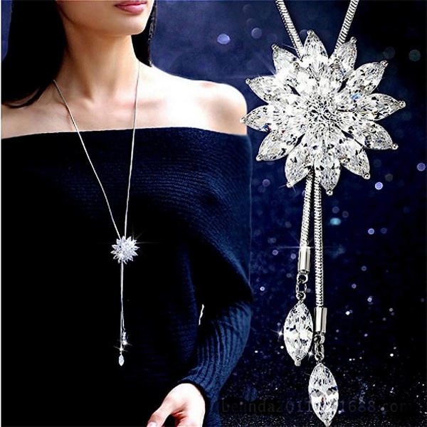 Cathercing Rhinestone Lotus Floral Pendant Long Necklace for Wom