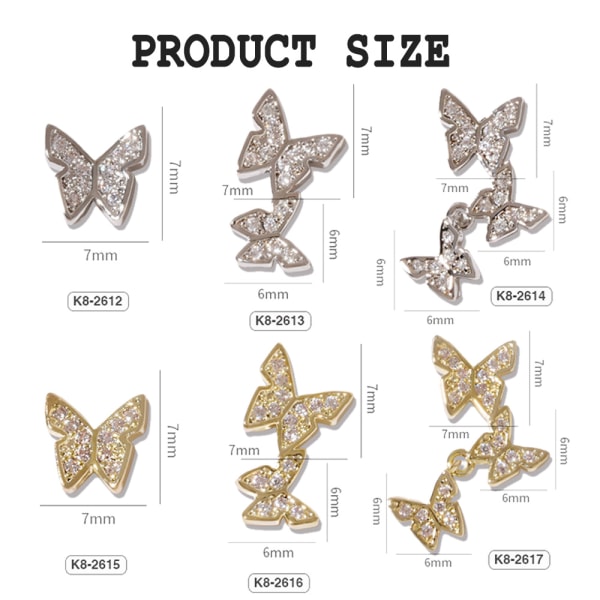 9 st 3D Butterfly Nail Charms Kristaller Diamanter Rhinestones,