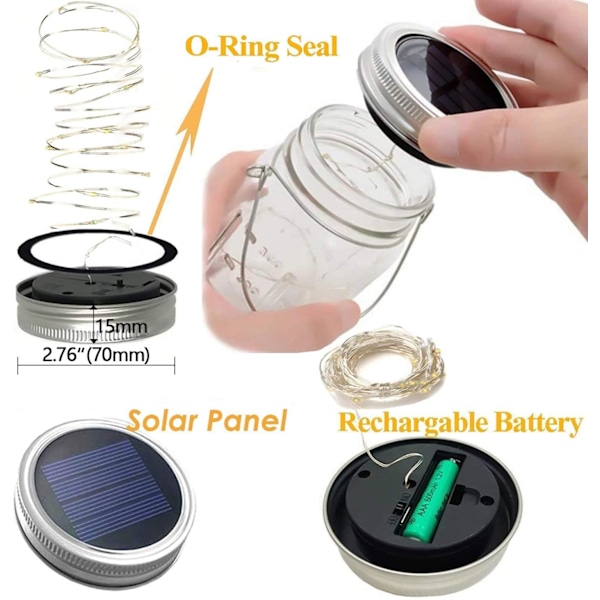 Solar Mason Jar-lampor, Stämningsfulla ljusslingor för inomhusbruk, Hem, Trädgård, Bröllop, Festdekorationer, Vattentäta Fairy Jar-lock, Energi