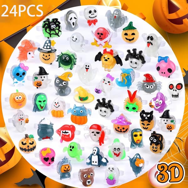 24-dele sæt med 3D Halloween-snacklegetøj og selvlysende ringe – Halloween-festgaver