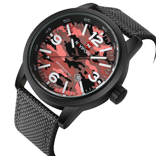 NAVIFORCE Camouflage Urtavlsmønster Nylonrem Kvarts Kalender Vandafvisende Herreure (Rød)