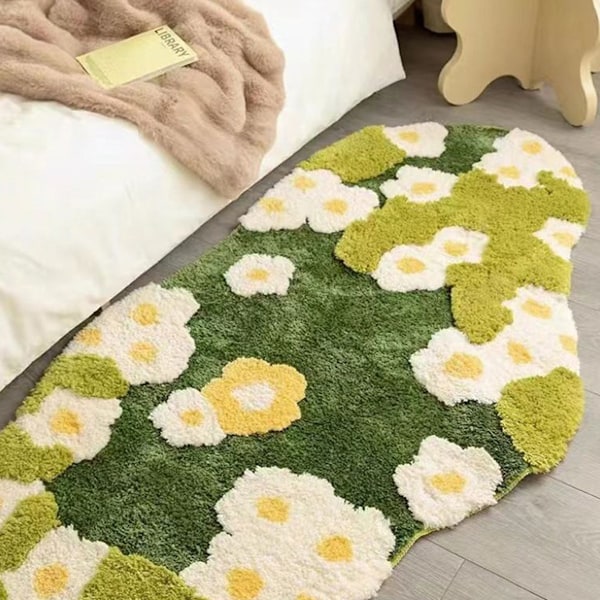 Mos Bathmåtte med Blomster, Sød Plante Toiletmåtte, Forårsblomst Badeværelsesmåtte, Grøn Æstetisk Shag Dekorationsmåtte, Blød Absorberende Skridsikker Badeværelsesmåtte til 40*60cm