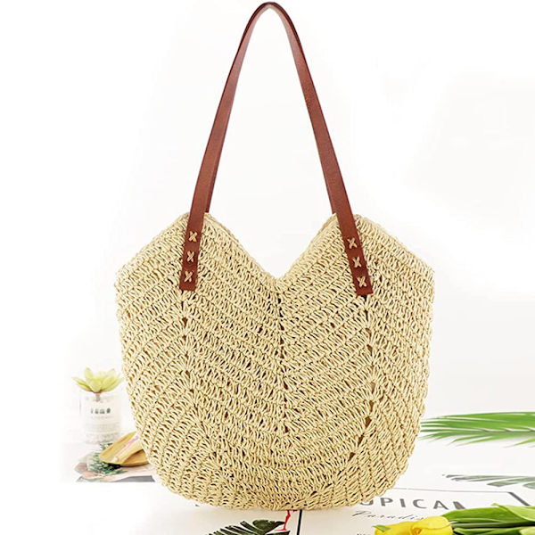 Hulvævet strandtaske til kvinder, håndvævede boheme-skuldertasker, kurvtaske, stråtaske, raffia-taske, sommerhalmtaske med lynlås og læder