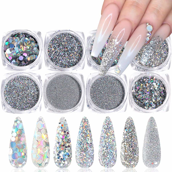 Holografiska Nagelkonst Paljetter, DIY Nagelkonst Glitter Ädelsten för Iögonfallande Naglar, 8 Ask Silver Metallic Glänsande Flakes med Säker Hudvänlig Formula