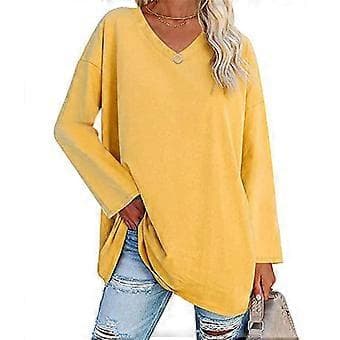 Dame Bluse Langærmet Skjorte Ren Farve Pullover V-hals Løs Kant Casual Design Gul M
