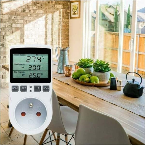 Digital termostat för växthus, LCD-display med temperaturkontroll, vänsterlås för säkerhet, minnesfunktion bevarar anpassade inställningar