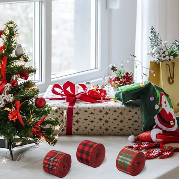 3 ruller juleternet plaidbånd, 6 m pr. rulle polyestervævet kant gingham-bånd til julehåndværk, gaveindpakning