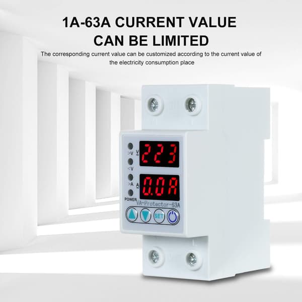 63A 220V DIN-skena Justerbar Överspännings- och Underspänningsskyddsenhet med Strömskydd och LED-display