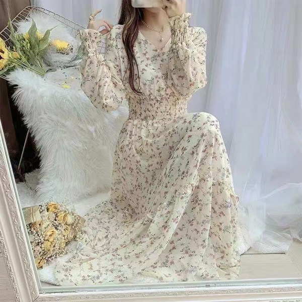 Långärmad blommig klänning V-hals Casual långa klänningar Festklänning