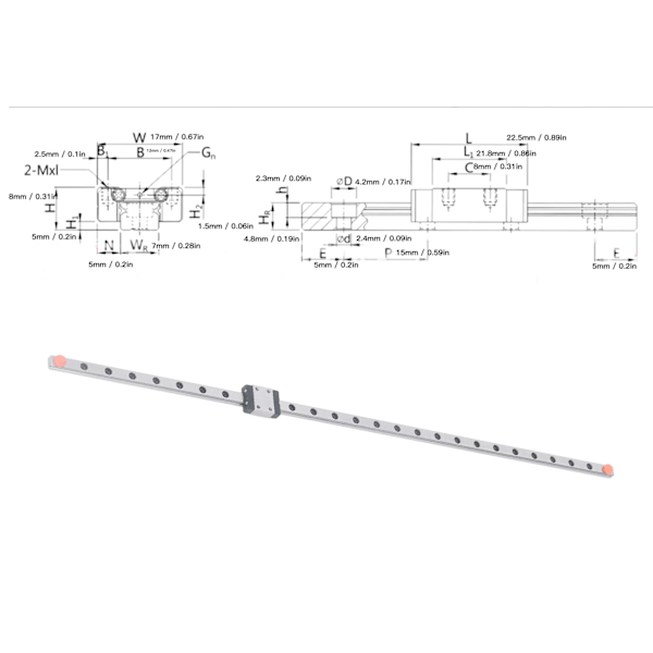 Linjärstyrningsskena 400mm Mikro Rörelse Glidprodukter Lagerstål för 3D-skrivare CNC-maskin