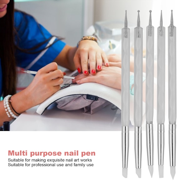 5 st Nail Art Dotting Pen Dubbelsidig Nagelfärgningspenna DIY-Graverings Penna med Akrylhandtag Vit