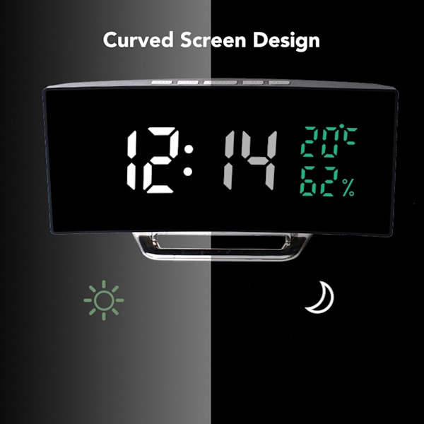 LED Spegel Väckarklocka Böjd Skärm 12 24 Timmar Temperatur Luftfuktighet Visning Snooze Läge Elektrisk Väckarklocka