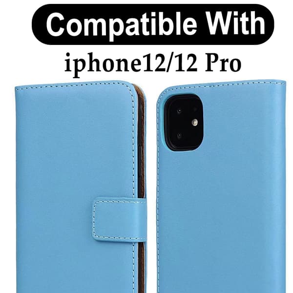 iPhone 12/12 Pro - Ekte Lær Etui - Lyseblå