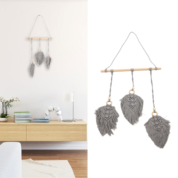 Handvävd Löv Väggbonad Boho Stil Bomull Löv Väggbonad Väggdekoration för Sovrum Sovsal Grå