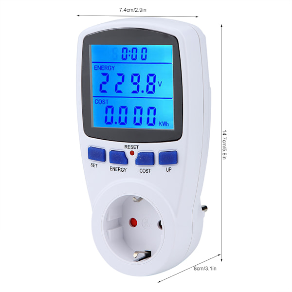 Taustavalaistu monitoiminen älykäs energianmittauspistorasia (Sininen taustavalo EU-pistoke 230V)