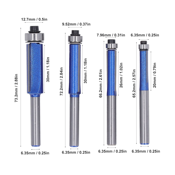 4 st Flush Trim Fräsfräs 1/4 Skaft Wolframkarbid Hög Hårdhet Kant Flush Trimming Bit för Träbearbetning
