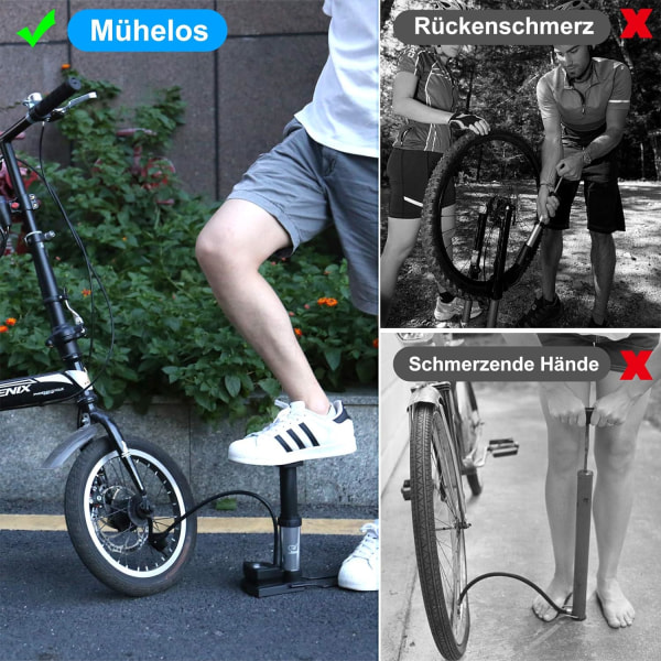 Cykelpumpe, mini bærbare fodpumper med trykmåler, gulvpumpe velegnet til MTB trekkingcykler, bycykler og børnecykler. Til bolde,