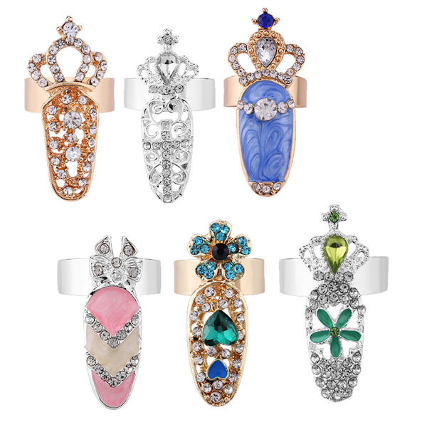 6 stk./sæt Bueslynge Krystal Finger Nail Art Ringe Gylden Rustning Led Halen Ring Smykker til Fest
