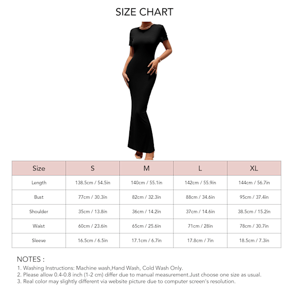 Dam Kortärmad Bodycon Maxiklänning Rund Hals Fisksvansfåll Casual Slim Fit Midiklänning Svart S