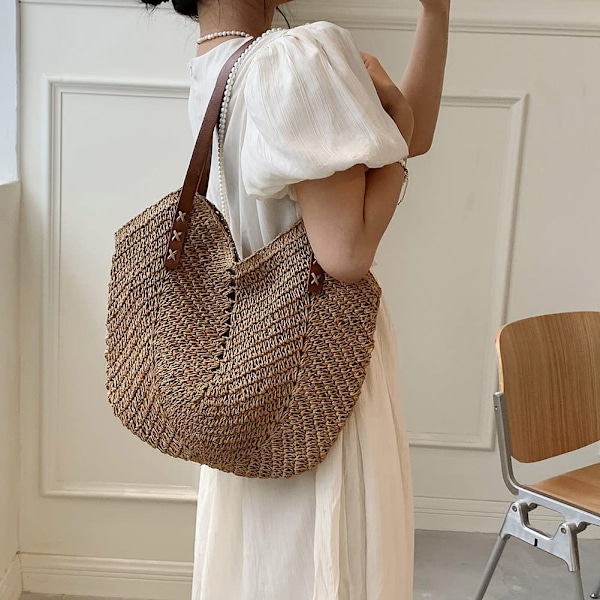 Hulvævet strandtaske til kvinder, håndvævede boheme-skuldertasker, kurvtaske, stråtaske, raffia-taske, sommerhalmtaske med lynlås og læder