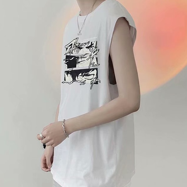 Herrar Tank Top Snygg Tryckt Ärmlös Lös Passform Väst Skuren Skjorta för Hemmaträning Vit XL