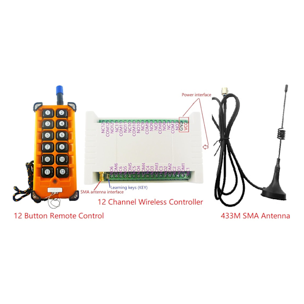 12-knaps 433M Fjernbetjening Encoder med Antenne 12 Kanals Trådløs Styringsrelæ Kit DC24V